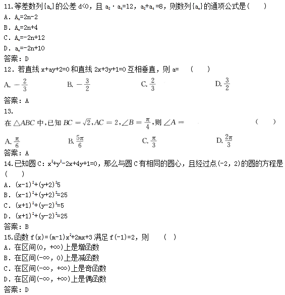 “2019年成人高考高起点文数考试模拟试题及答案”