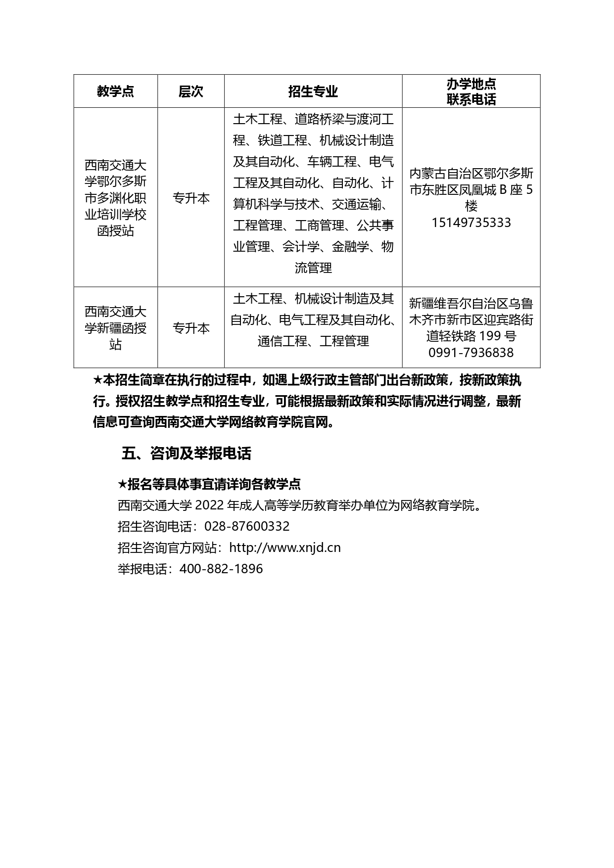 西南交通大学2022年成人高考招生简章