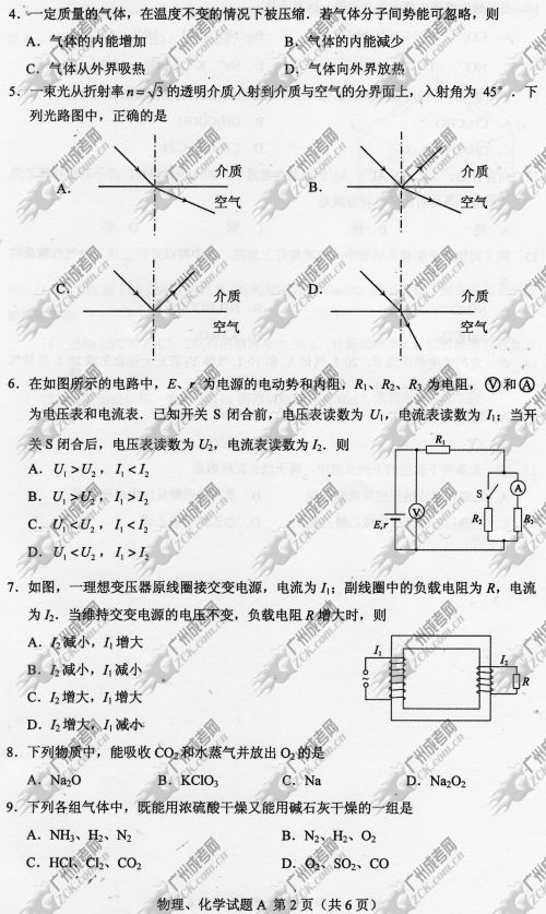 四川省成人高考2014年统一考试理科综合真题A卷