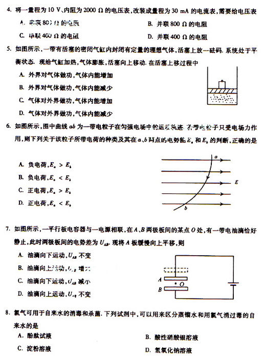 2009年成人高考物理化学试题及答案上(高起点)(图2) 2009年成人高考物理化学试题及答案上(高起点)(图2)
