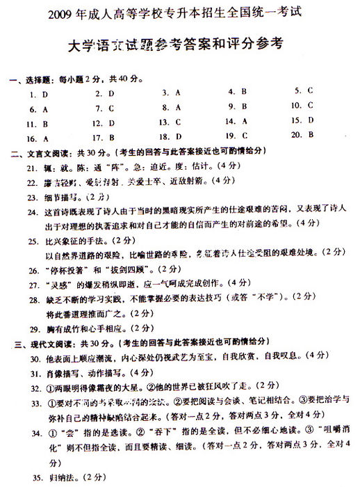 2009年成人高考专升本大学语文试题及答案