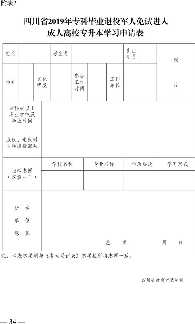 四川省2019年专业毕业退役军人和普通高职（专科）毕业生“下基层”服务期满后接受接受成人本科教育招生办法7